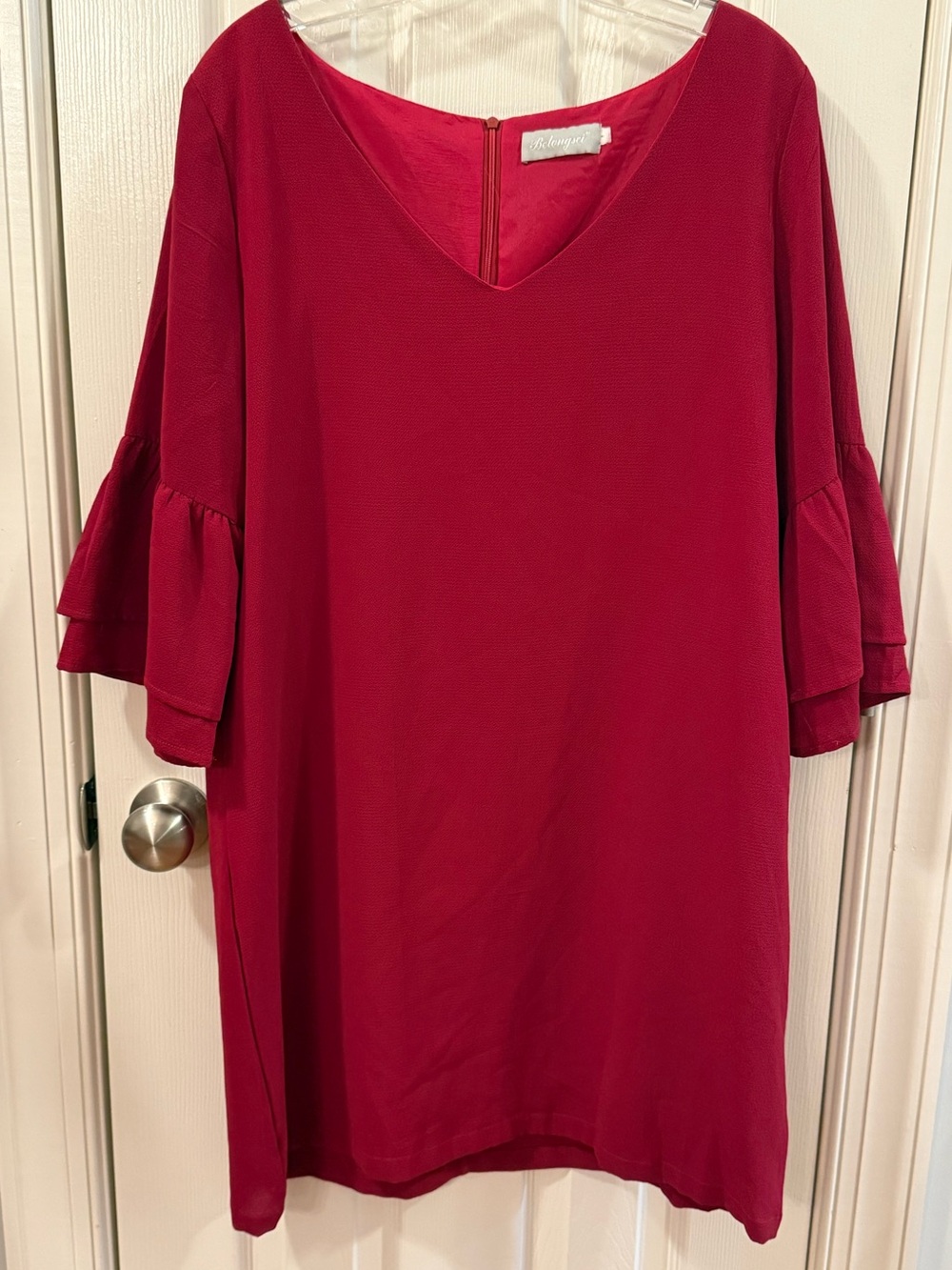 BelongSci Red Ruffle Bell Sleeve Holiday Christmas Party Dress